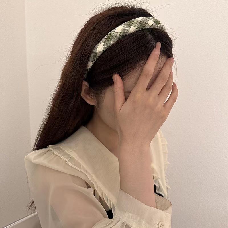 

Летняя маленькая свежая зеленая клетчатая повязка на голову, женская повязка для волос с высоким черепом и верхним давлением