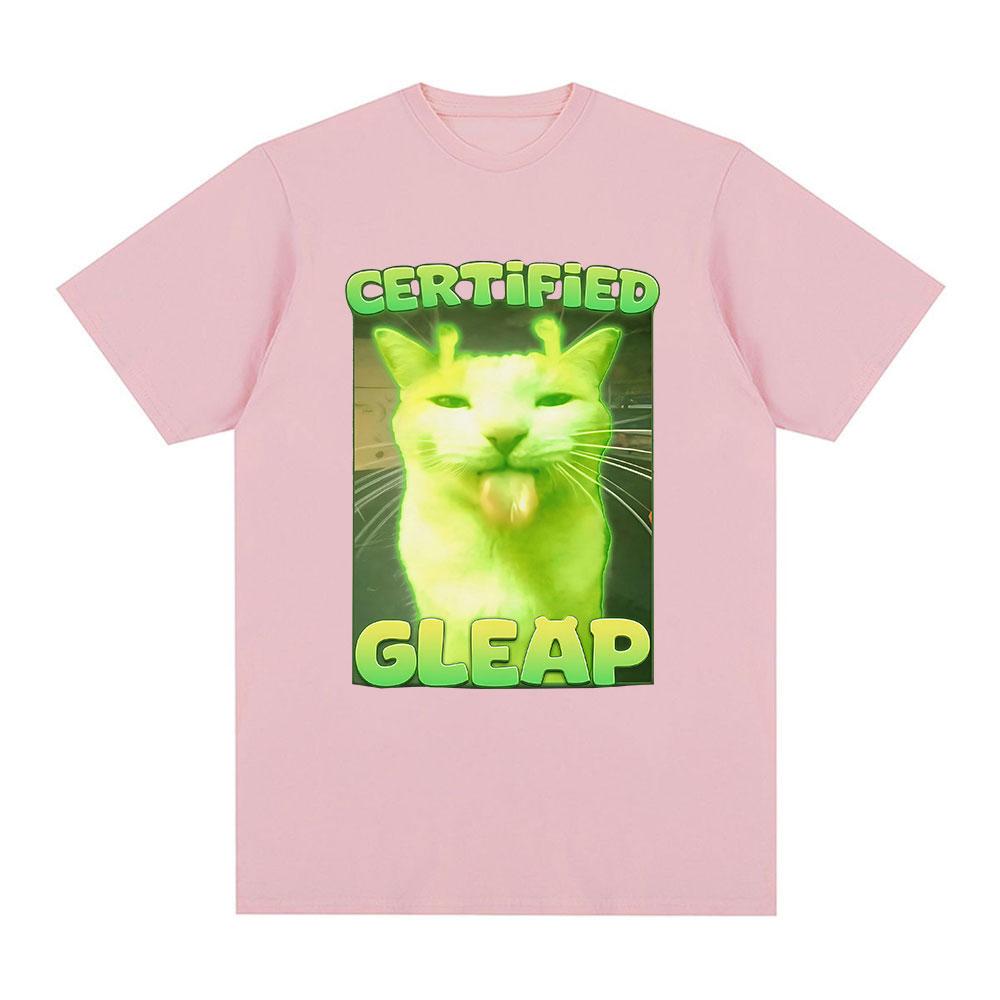 Certified Gleap Funny Alien Brainrot Cat Meme Graphic T-shirt Men Women Fashion Short Sleeve T-shirts Cotton Oversized T Shirts