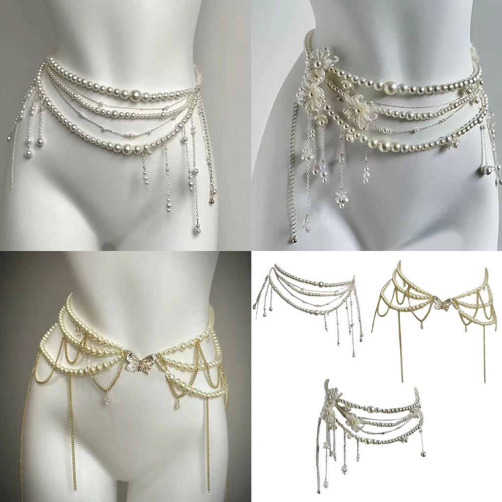Elegant Tassel Floral Pearl Layered Waist Chain Multilayer Body Chain Decorative Belly Decor for Fashion Forward Women