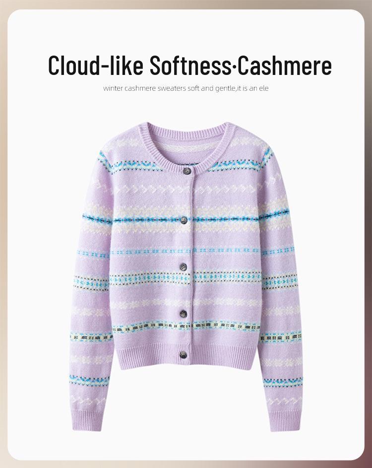 Fair Isle Striped Cashmere Cardigan - Women's Warm Round Neck Jacquard Sweater for Autumn/Winter