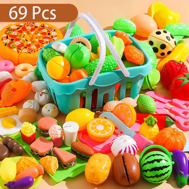 69/82/104 Pcs Play Food Set for Kids Kitchen, Pretend Food Toy for Toddlers Plastics Cutting Fake Food/ Fruit/ Vegetable Accessories