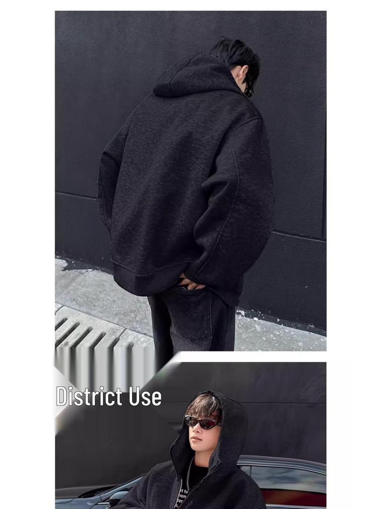 Autumn Men's Space Cotton Hooded Heavyweight Hoodie: Versatile Solid Color Jacket for Couples - Suitable for Spring and Autumn.