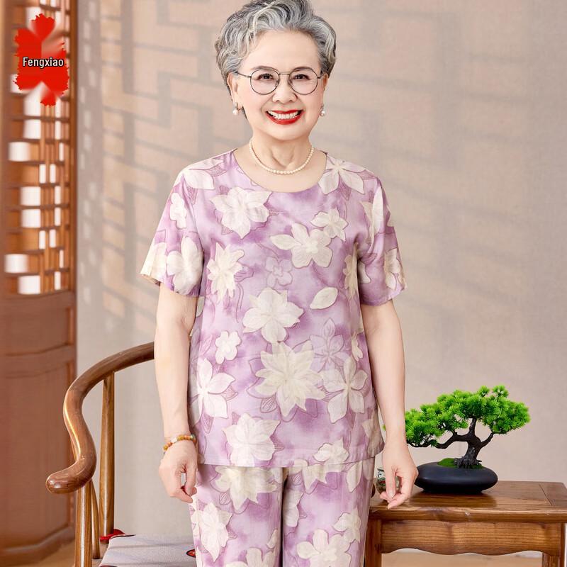 Elderly Women s Floral Print Summer T-Shirt & Cropped Pants Set 5XL