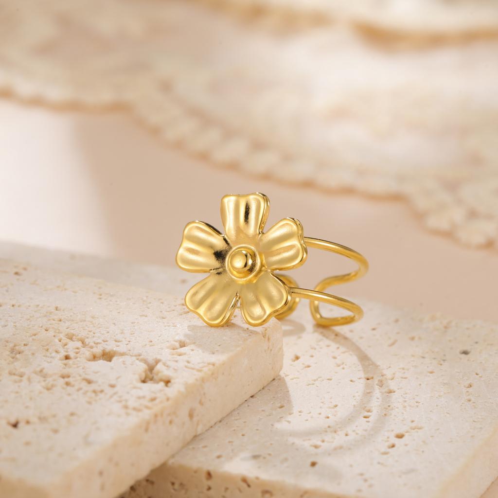 Adjustable Gold Plated Flower Rings for Women Stainless Steel Finger Rings 2026 Trendy Jewelry Anniversary Party Gifts New