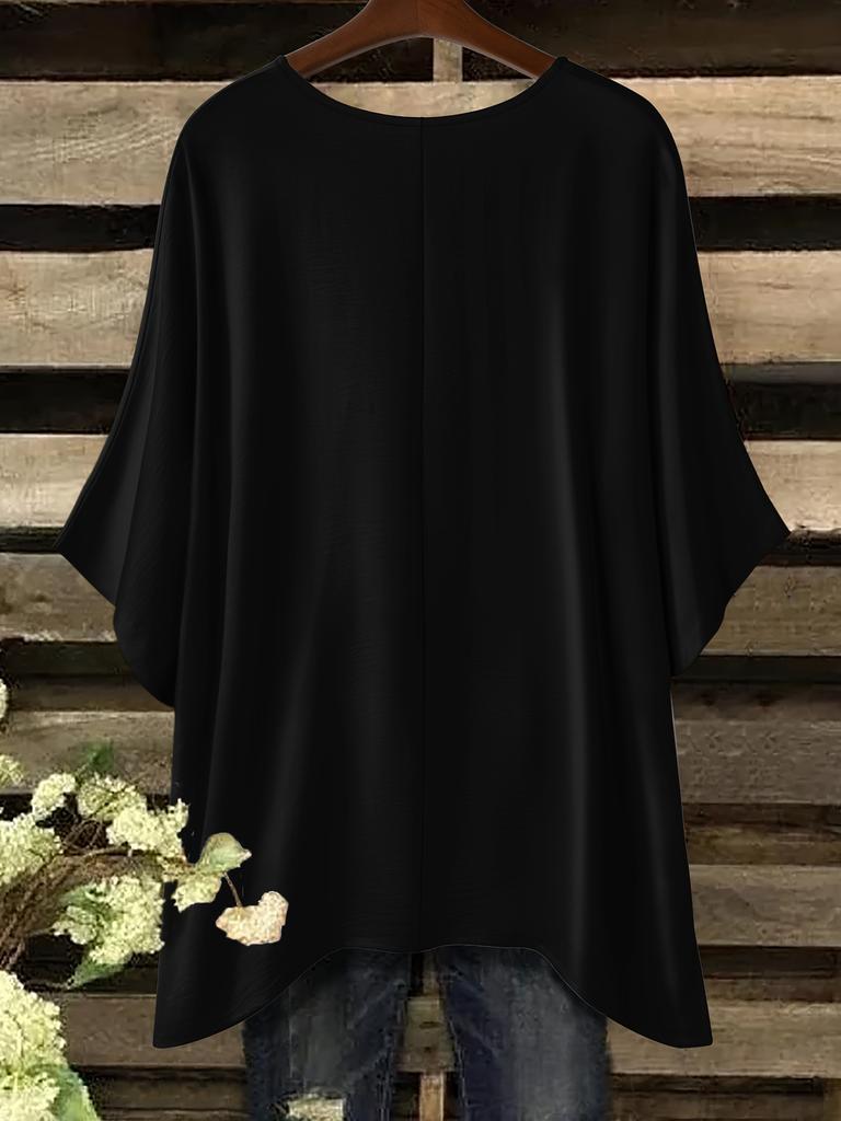 Plus Size - Women'S Plus Size Floral Print T-Shirt - Vibrant Red Poppies & Green Leaves