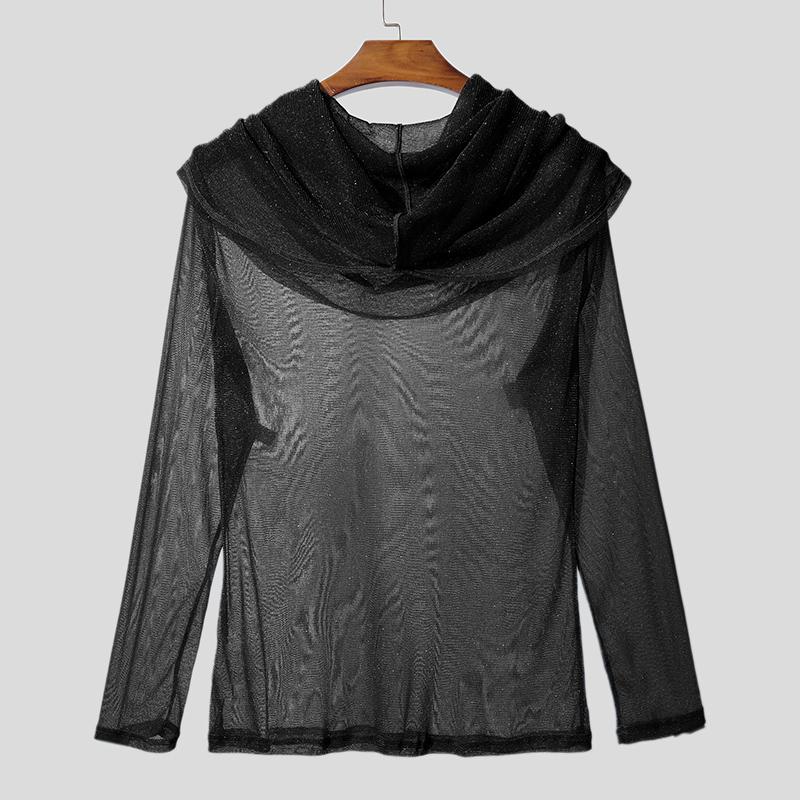 INCERUN Men Long Sleeve Mesh Sheer Lace Glitter Casual Hooded Ruffled Tops T-shirts