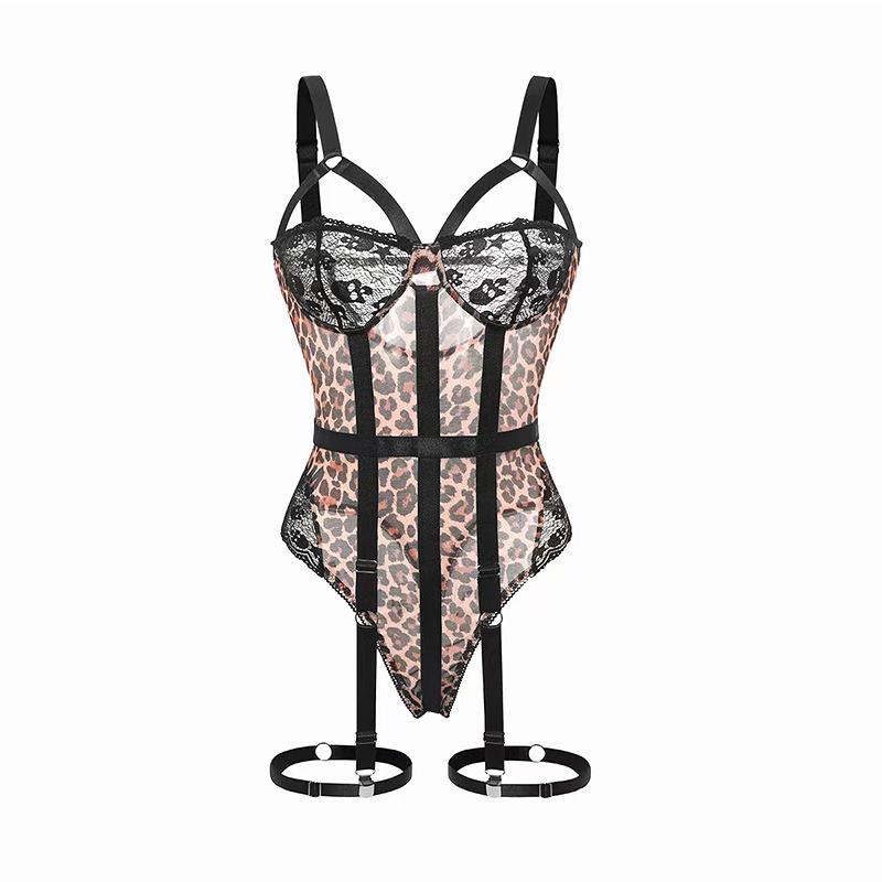 Leopard Print Lace Mesh Strappy Lingerie Bodysuit Set