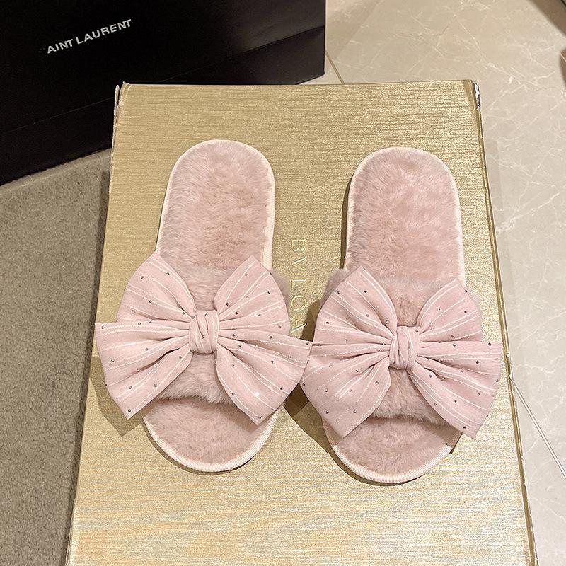 Cotton Household Home Fluffy Warm Ins Slippers Slippers Indoor Plush Open Drag Bow Cotton Slippers