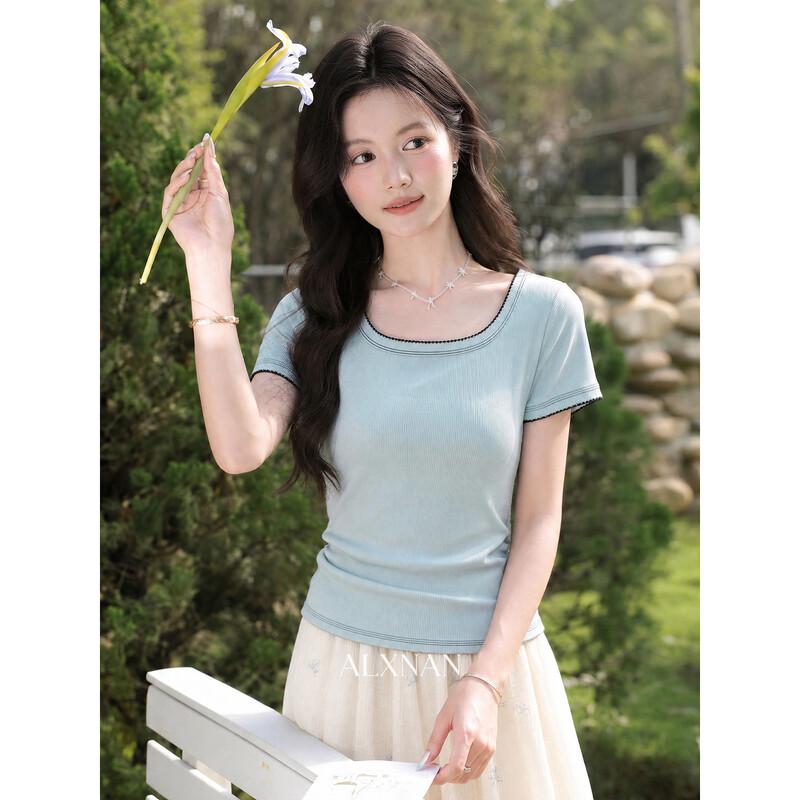 Women s Summer Blue Contrast Square Neck T-Shirt S