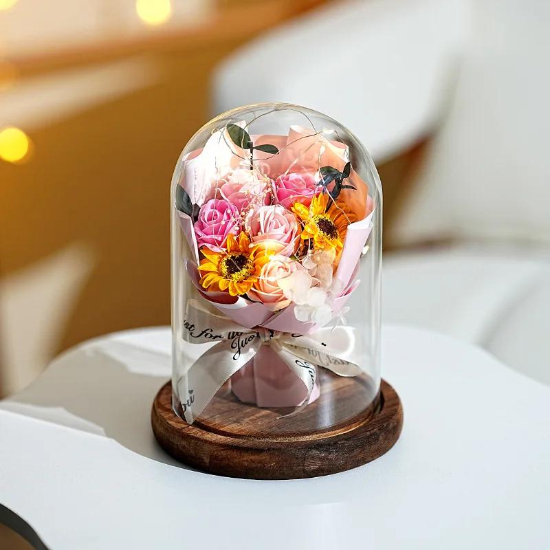 Real Dried Sunflower Bouquet with LED Light Real Eternal Roses Lamp Sunflower Glass Cover Graduation Valentine's Mother's Gift
