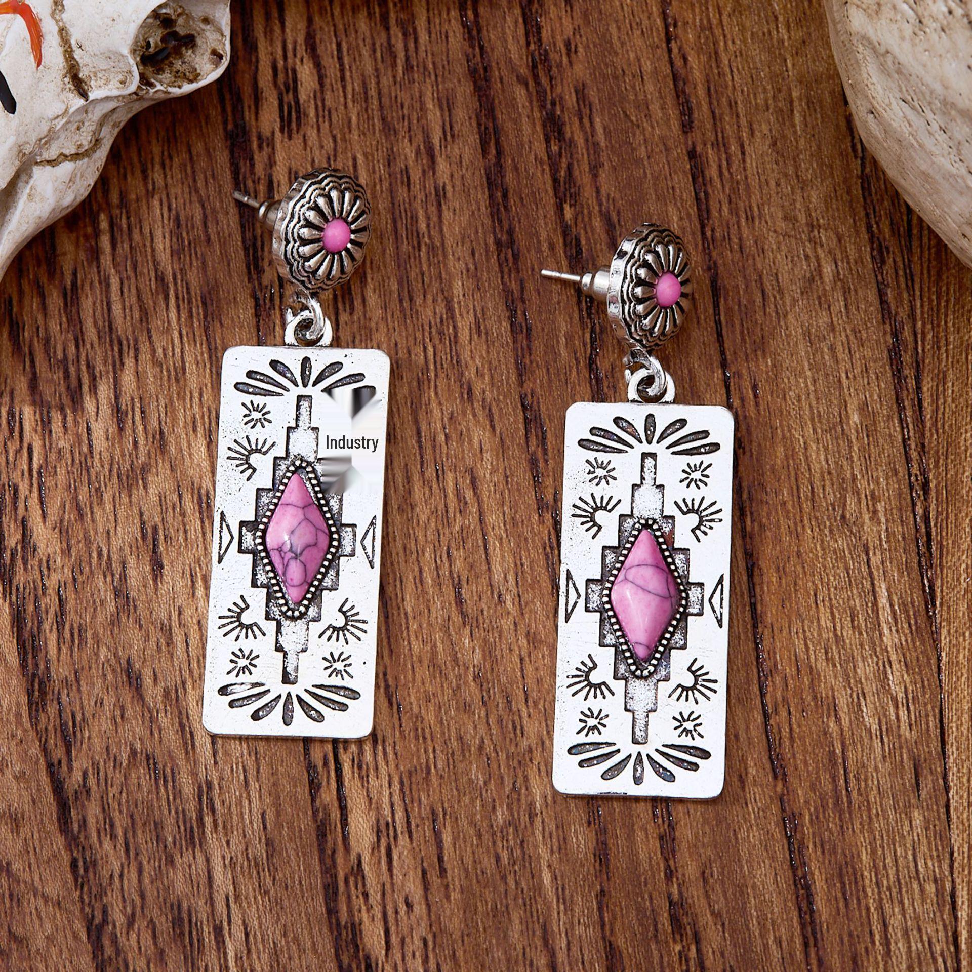 Retro Western Style Earrings with Rectangular Totem and Inlaid Turquoise Pink Stone