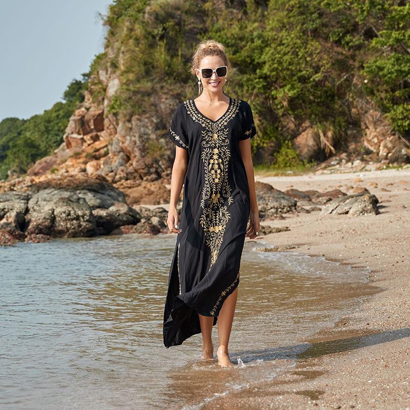 European-American Cotton Embroidered Beach Robe: Sun Protection Long Dress & Bikini Cover-Up