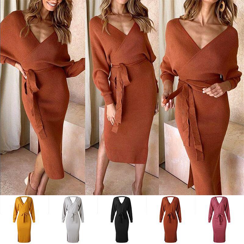 Elegant Women Winter Deep V-neck Knitted Sweater Dress With Cozy Long Sleeves
