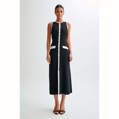 Mode Einreiher Gestrickte Maxi Kleid Frauen O Hals Ärmellose Gefälschte Taschen Dame Kleider Elegante Dame Pendler Robe