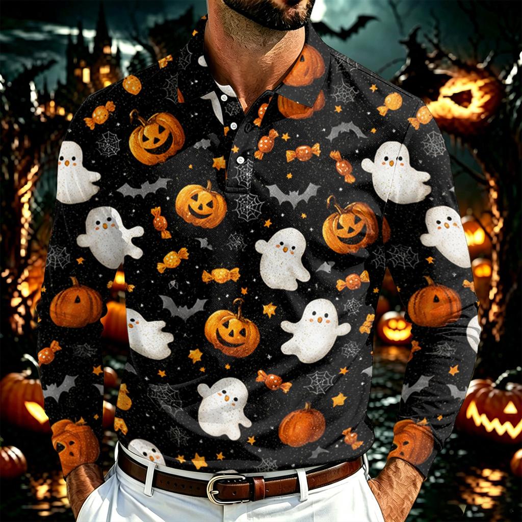 Herren Langarm Poloshirt Leichtes Atmungsaktives Netzgewebe Lässiges Hemd mit Knöpfen Halloween Geister-Aufdruck Design