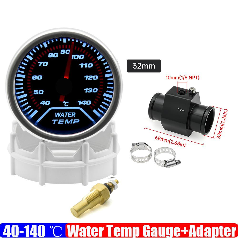 Smoked Faced 40-140℃ 52mm Water Temperature Gauge with Temp Joint Adapter Sensor Hose 26mm-40mm for Gasoline Racing Car 12V