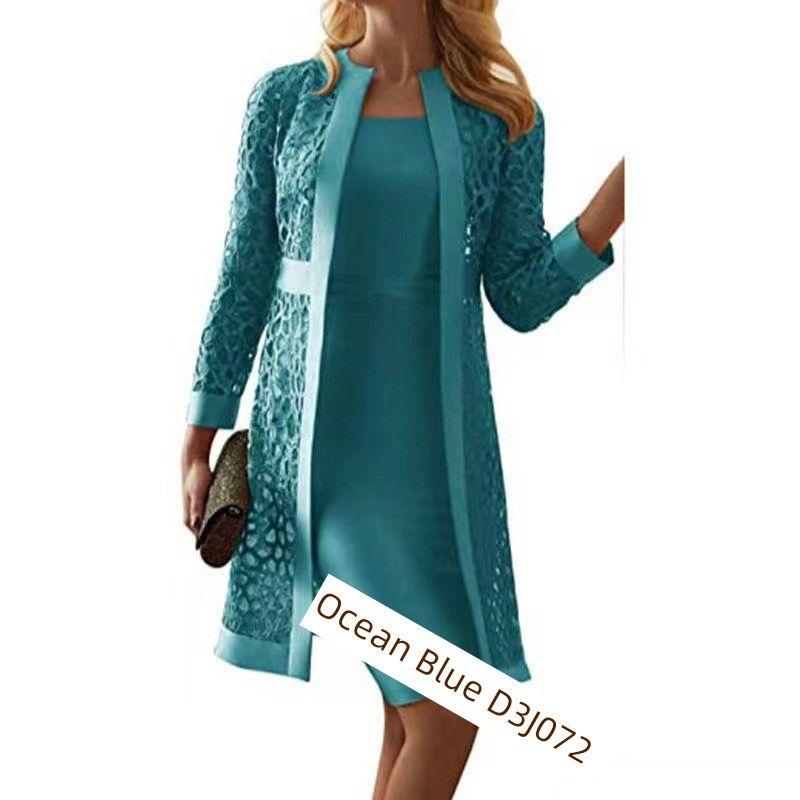 Fashion Female Pure Color Lace Cardigan Dress Two-piece Set Two Piece Lace Cardigan Dress