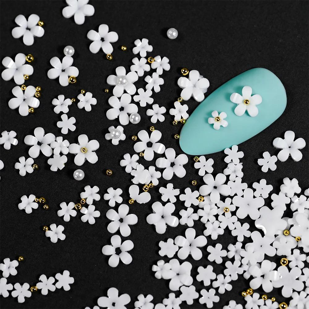 3D White Acrylic Flower Nail Art Decorations Mix Gold/Peal Beads 5G/Bag Resin Blossom Flower Nail Charms  4/6Mm Nail Accessories