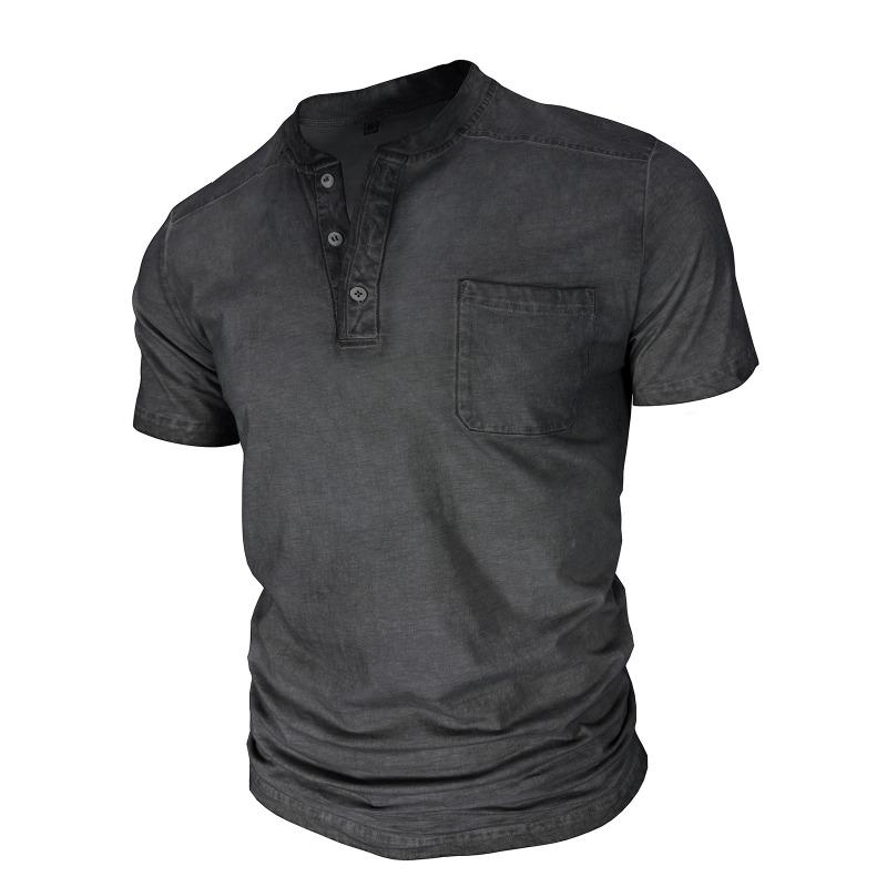 Men Black Washed Henley Neck Short Sleeve Chest Pocket Casual T Shirt