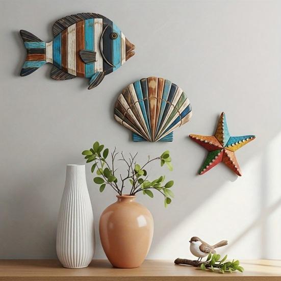 3Pcs/Set Ocean Theme Wall Decoration Wooden Fish Shell Starfish Wall Art Farmhouse Home Living Room Bathroom Nautical Coastal Hanging Ornament