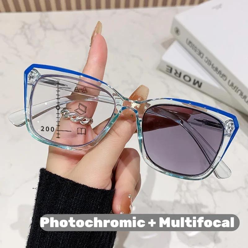 Fashionable Transparent Frame Photochromic Multifocal Reading Glasses Unisex Fashionable Progressive Blue Light Blocking Glasses