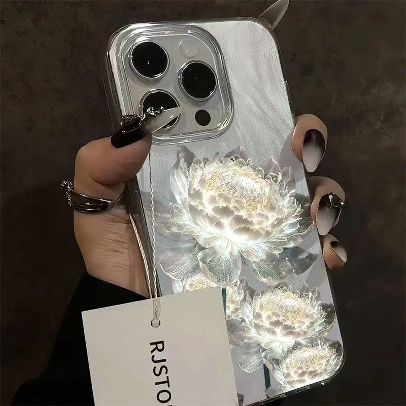 Peony Lotus Print Design Shockproof Phone Case For IPhone 17 16 15 14 13 12 11 Pro Max XS XR 7 8 Plus 13 16E Silver Plated Cover