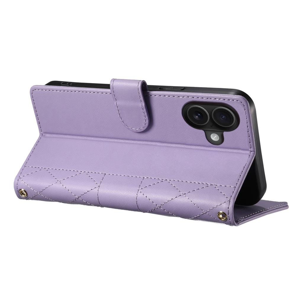For iPhone 17 Case Rhombus Stitching Wallet Stand Leather Phone Cover with Long/Short Strap