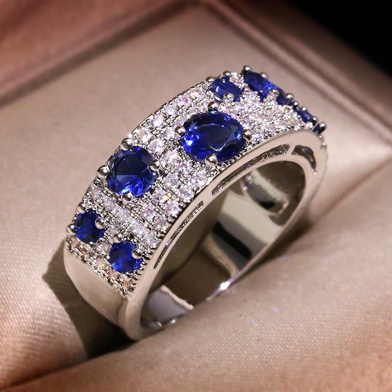 925 Plated Newest Gorgeous Blue Nano AAA+ CZ Genuine Sparkling Ring For Women Wedding Party Jewelry Gift