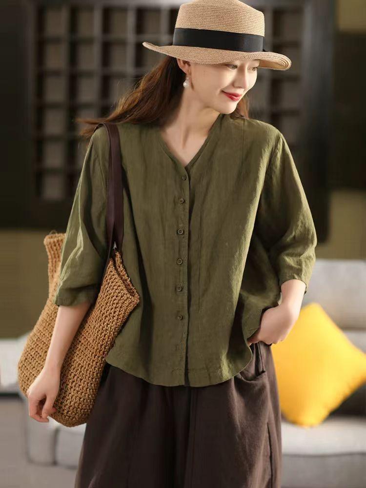 Johnature Women Casual Shirts V-Neck Half Sleeve Blouses Summer Solid Color Button Chinese Style Loose Shirts