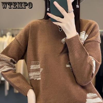 Women's Round Neck Sweater Mom's Autumn and Winter Loose Color Blocked Knitted Sweater Long Sleeved Top