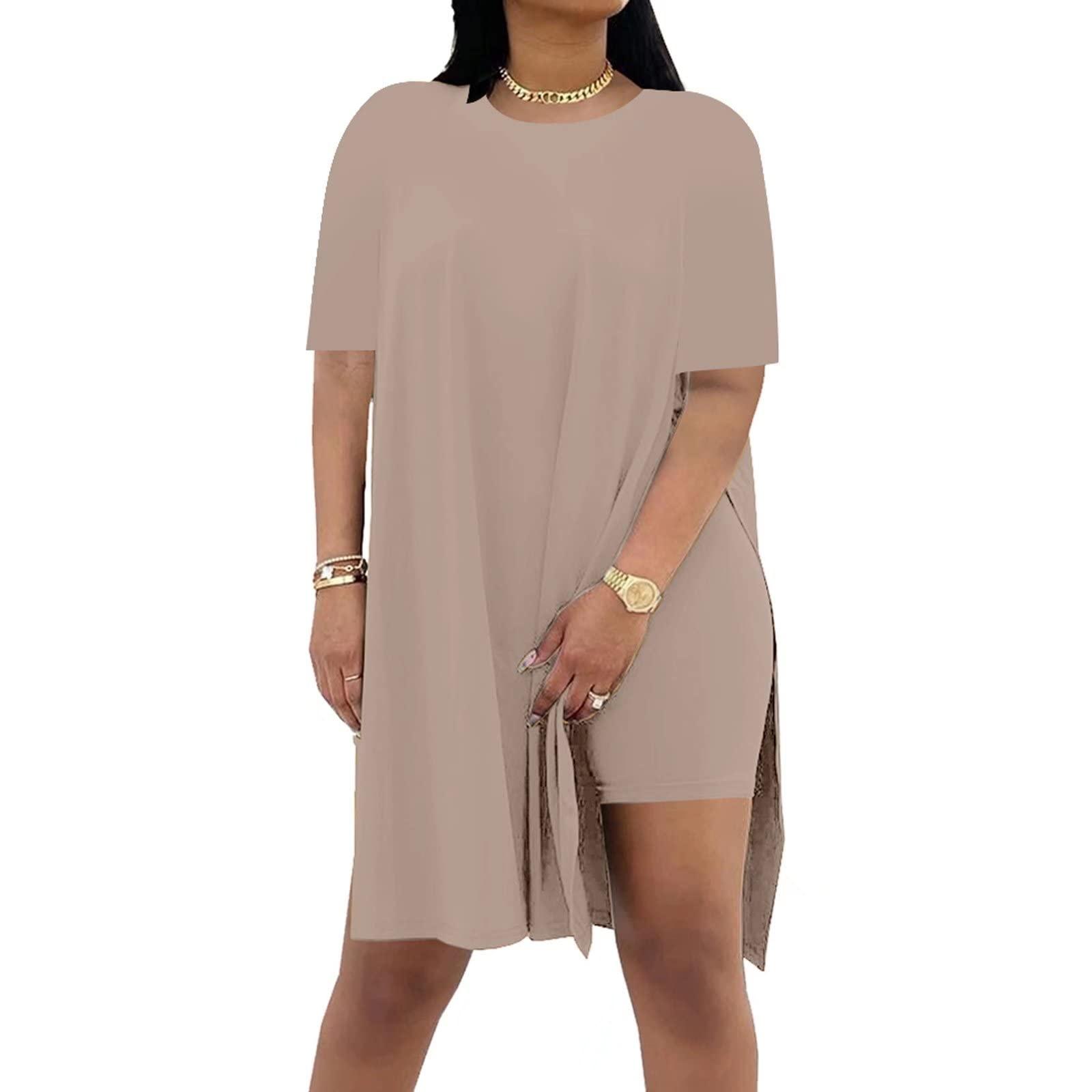 Women Summer Two Piece Set Short Sleeve Loose Fit Top with Side Slit and Matching Shorts Casual Lightweight Lounge Wear S бежевый