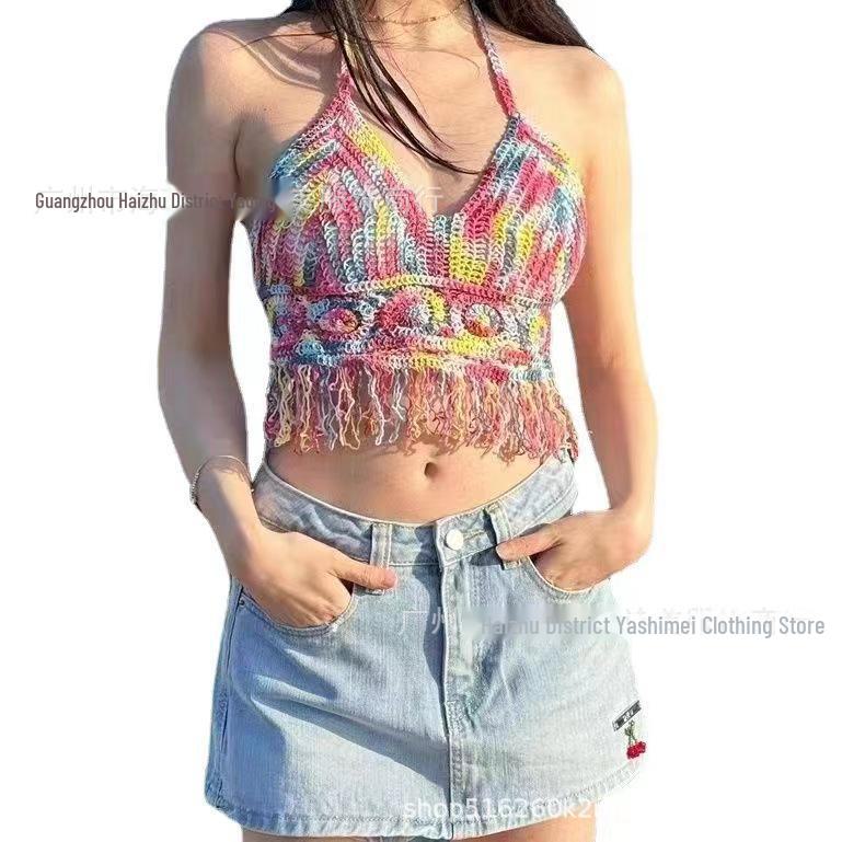 Backless Tassel Knit Bikini Vest with Chest Pad