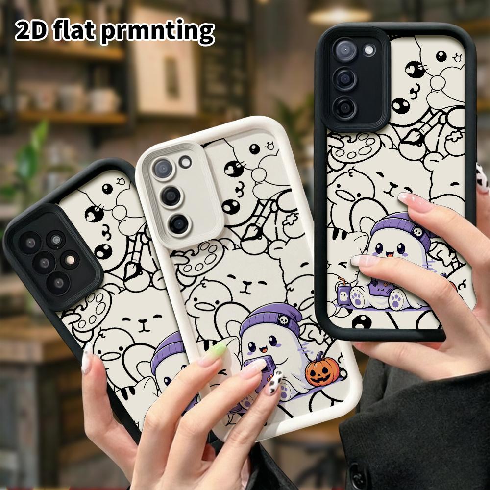 Phone Case: 2D flat, suitable for Samsung Galaxy A34 A35 M05 M06 S20 S22 S21 FE Plus 5G cases, featuring a little ghost playing a handheld console, pe