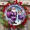 Purple Christmas Wooden Sign with Santa Claus & Elk Pattern, Winter Christmas Round Sign for Front Door Wall Hanging Decor, Ideal Christmas Gift