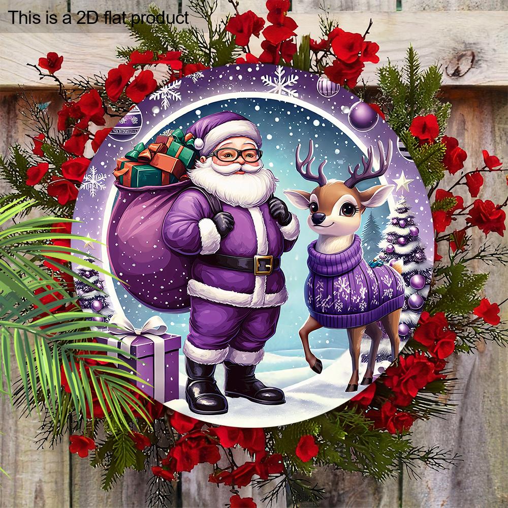 Purple Christmas Wooden Sign with Santa Claus & Elk Pattern, Winter Christmas Round Sign for Front Door Wall Hanging Decor, Ideal Christmas Gift