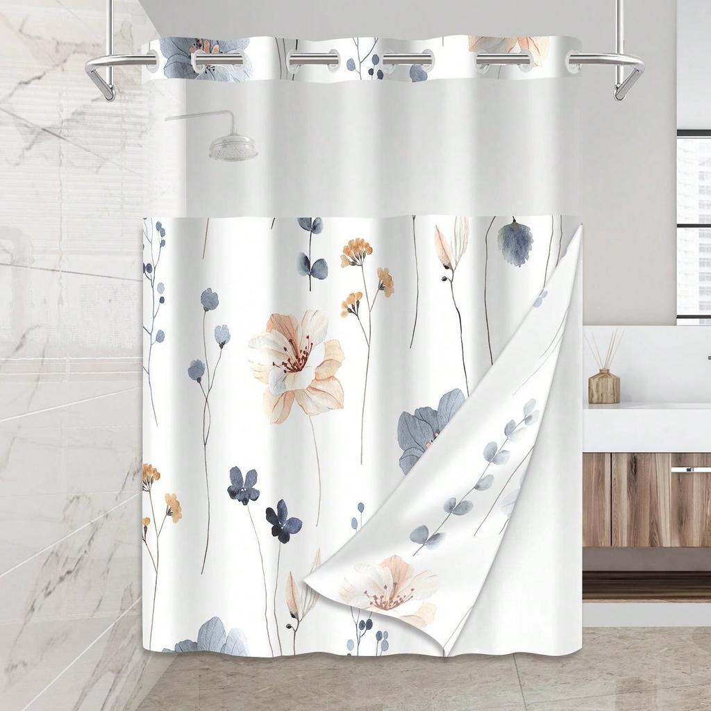 Plants Pattern with Hook Waterproof Shower Curtain, Removable With , Perfect For Bathroom Decor In Winter,   Single-layer Design