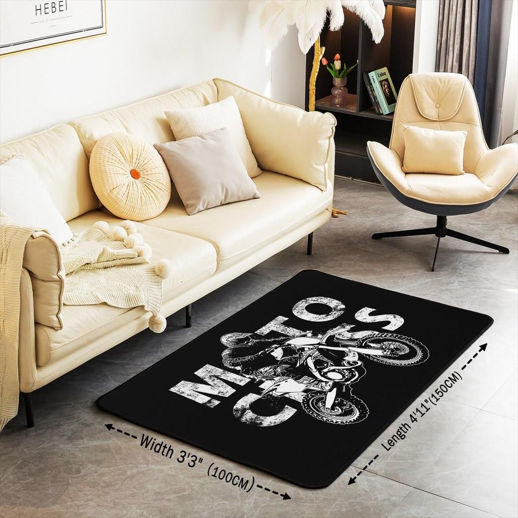 Motocross Rider Area Rug for Living Room and Bedroom, Dirt Bike Motorbike Sports Carpet, Soft Extreme Sports Floor Mat