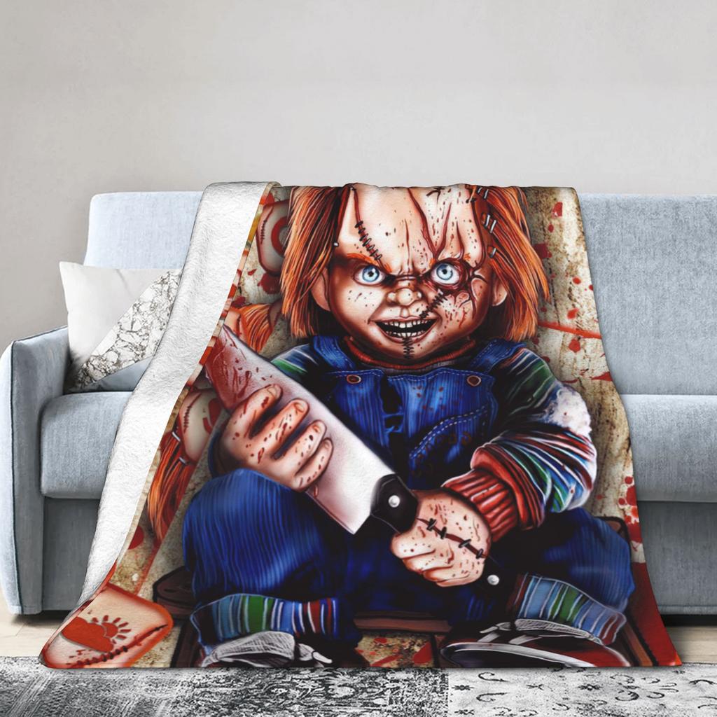 Chucky Horror Movie Knitted Blanket Childs Play Halloween Fuzzy Throw Blanket Home Couch Personalised Soft Warm Bedspread