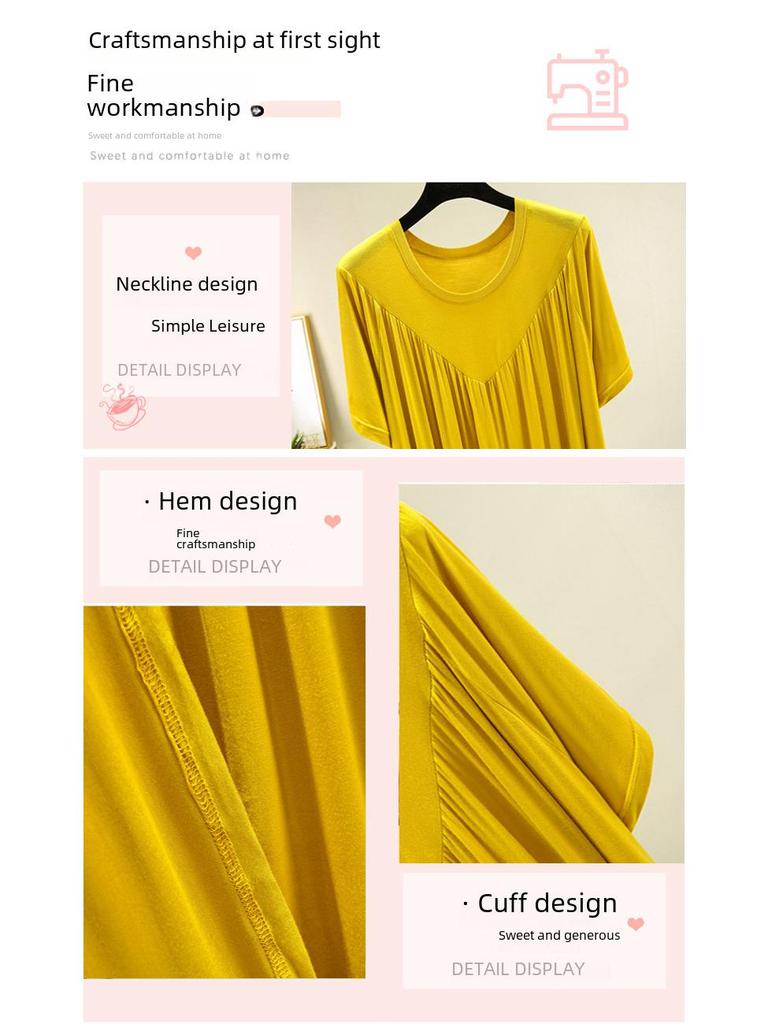 Plus Size Summer Modal Nightdress: Loose, Short-Sleeve V-Neck Pleated Long Home Dress