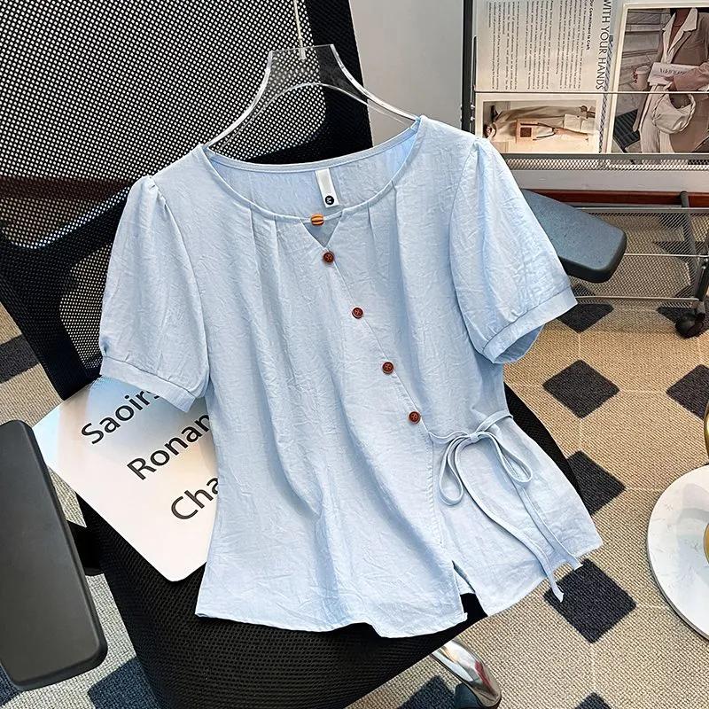 

Women s White Asymmetric Button Drawstring Waist Puff Sleeve Blouse M