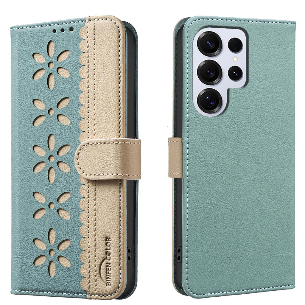 For Samsung Galaxy S25 Ultra Leather Case BINFEN COLOR BF36 Floral Pattern Phone Cover RFID Blocking Wallet Stand