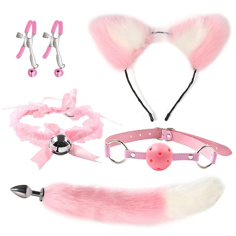 VaHppy SM BDSM Sex Toy Sets Role-playing Fox 5pcs/lot Plush Anal Plug Tail Bell Collar Mouth Plugs White/Black/Pink Couple Games