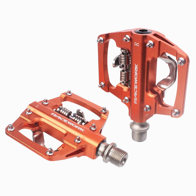 RACEWORK MTB Clipless Pedals Self-locking CNC Aluminum Alloy DU Bearing SPD Double Flat Platform Mountain Bike Bicycle Pedal оранжевый