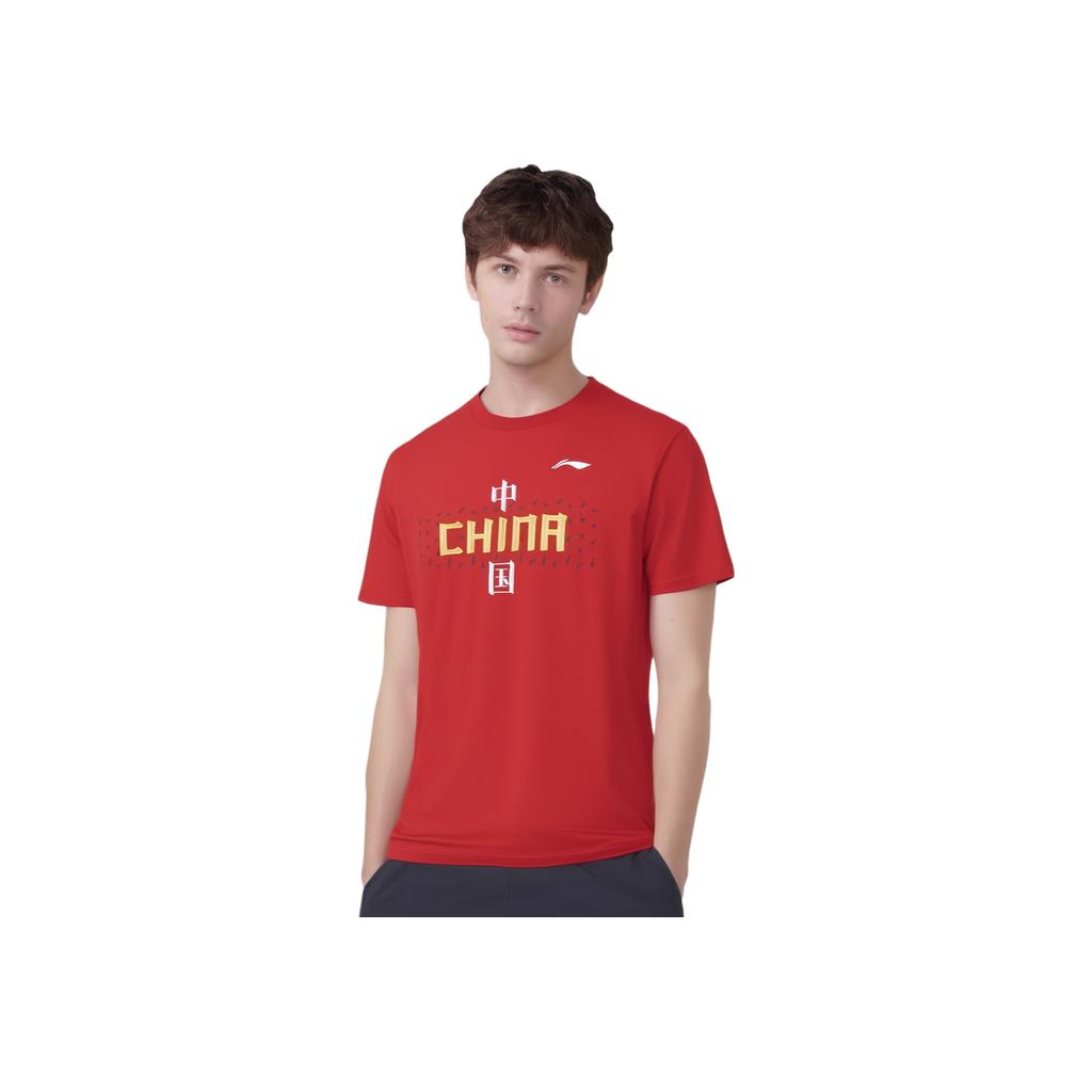 Li Ning Badminton Series Letter Round Neck Comfortable Breathable Versatile Short Sleeve T-Shirt Unisex T-Shirt Cinnabar-Red AHSV057-3