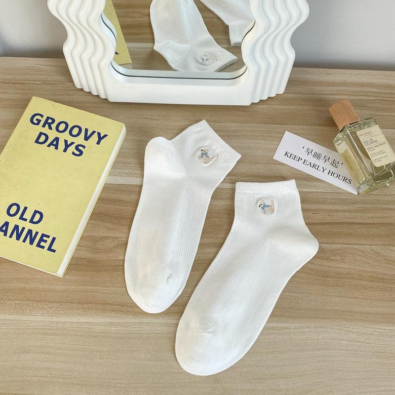 Socks Solid Color Cute Korean I Wind Cotton Breathable Sweat-Absorbing Embroidered Short Socks