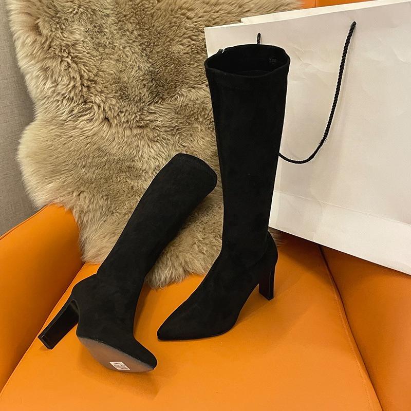 Fashion Pointed Toe Suede Stiletto Heel Tall Boots Autumn New Side Zip Anti-Slip Wear-Resistant High Heels