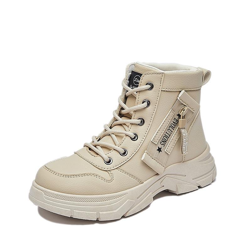 Damen-Kampfstiefeletten mit Schnürung, klobige Plateaustiefeletten aus PU-Leder, runde Zehenpartie, kurze Stiefeletten für Damen, Herbst/Winter, Schlupfstiefeletten