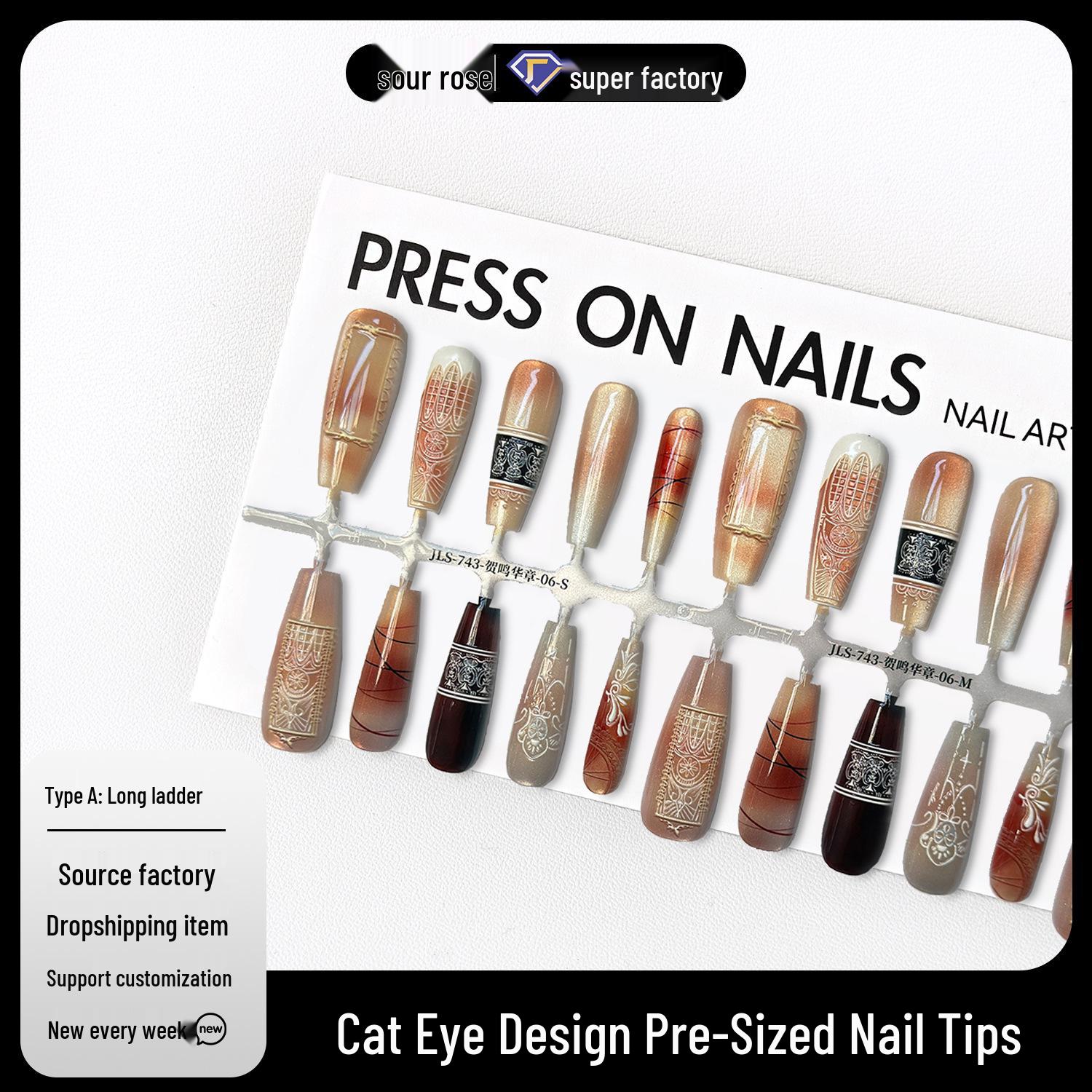 

Jiaolong Handmade Press-On Nails - He Ming Huazhang Design with Spray Glue