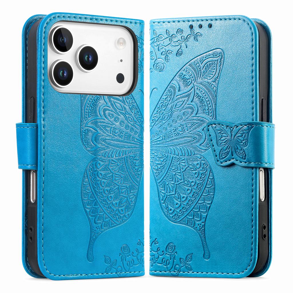 For iPhone 17 Pro Case with Strap Butterfly Pattern PU Leather Wallet Phone Cover
