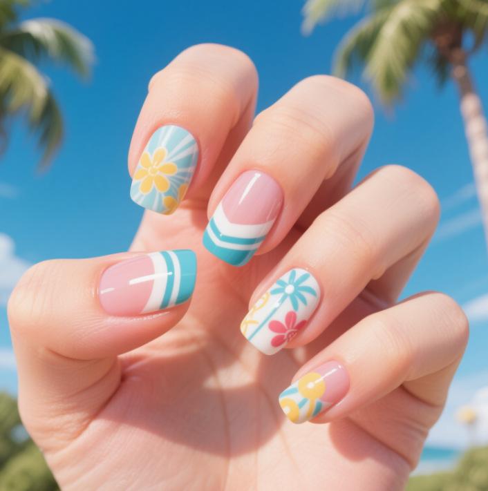 New Manicure Summer European And American Hawaii Beach Coconut Tree Classic French Short Square Wearing Armor